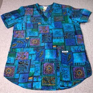 Cherokee Women’s L Blue and Purple Geometric scrub Top with tie on back
